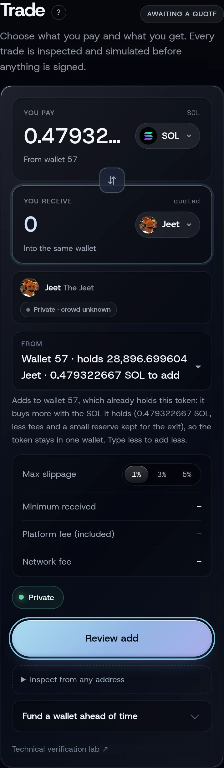 Trade with the holding wallet chosen under From and the Review add button