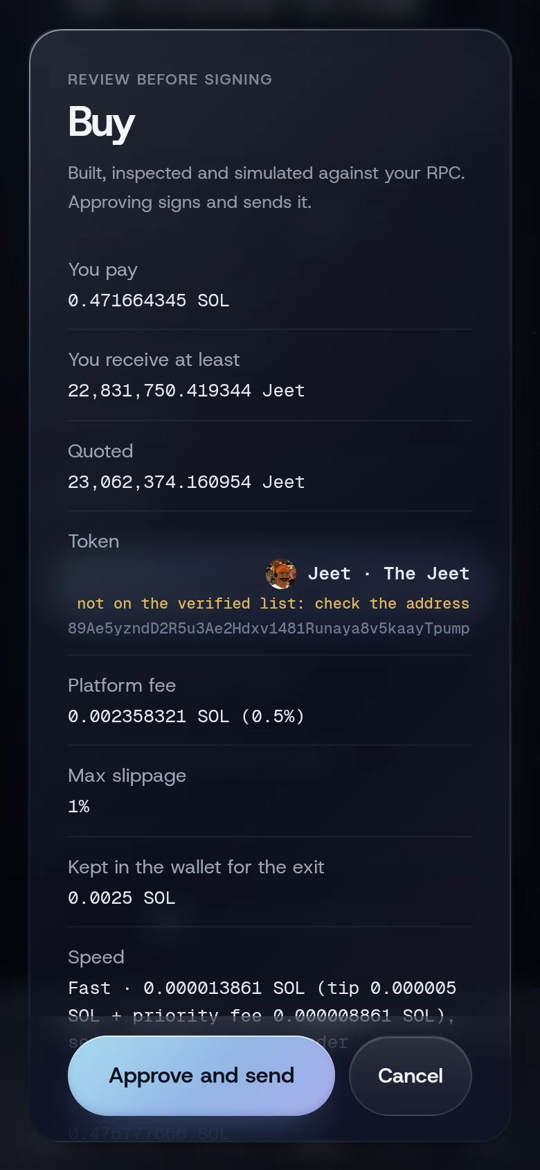The Buy review for an add, with the wallet that already holds the token