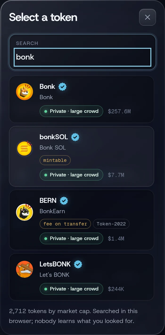 The token picker with search results