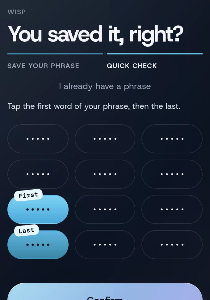 The quick check: twelve word tiles, two of them marked First and Last