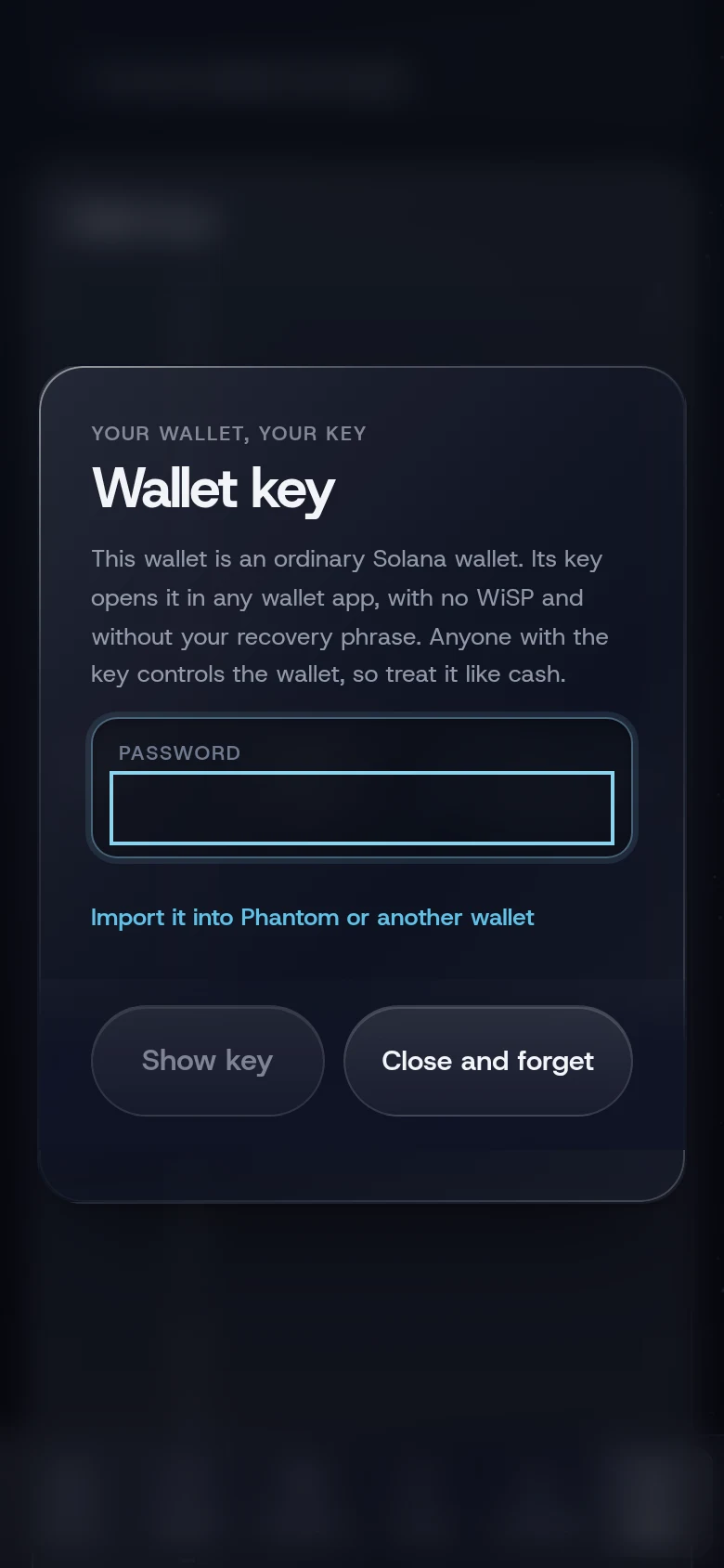 The Wallet key sheet with its warning and the password field