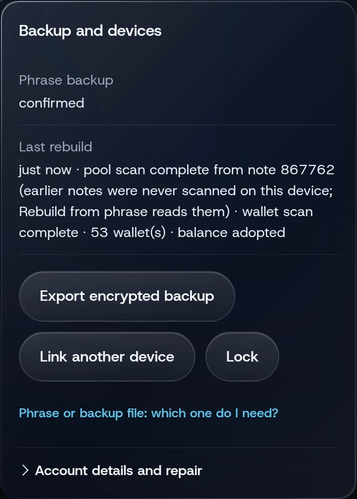 The Keys screen: backup status, Export encrypted backup, Link another device and Lock