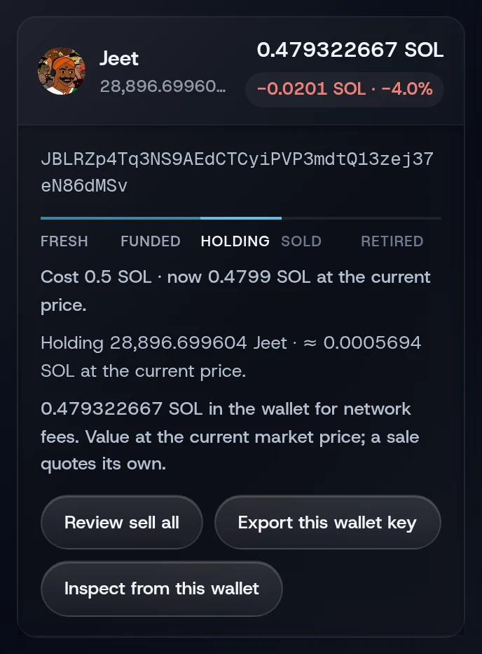 An expanded holding: the wallet address, cost and value, and Review sell all