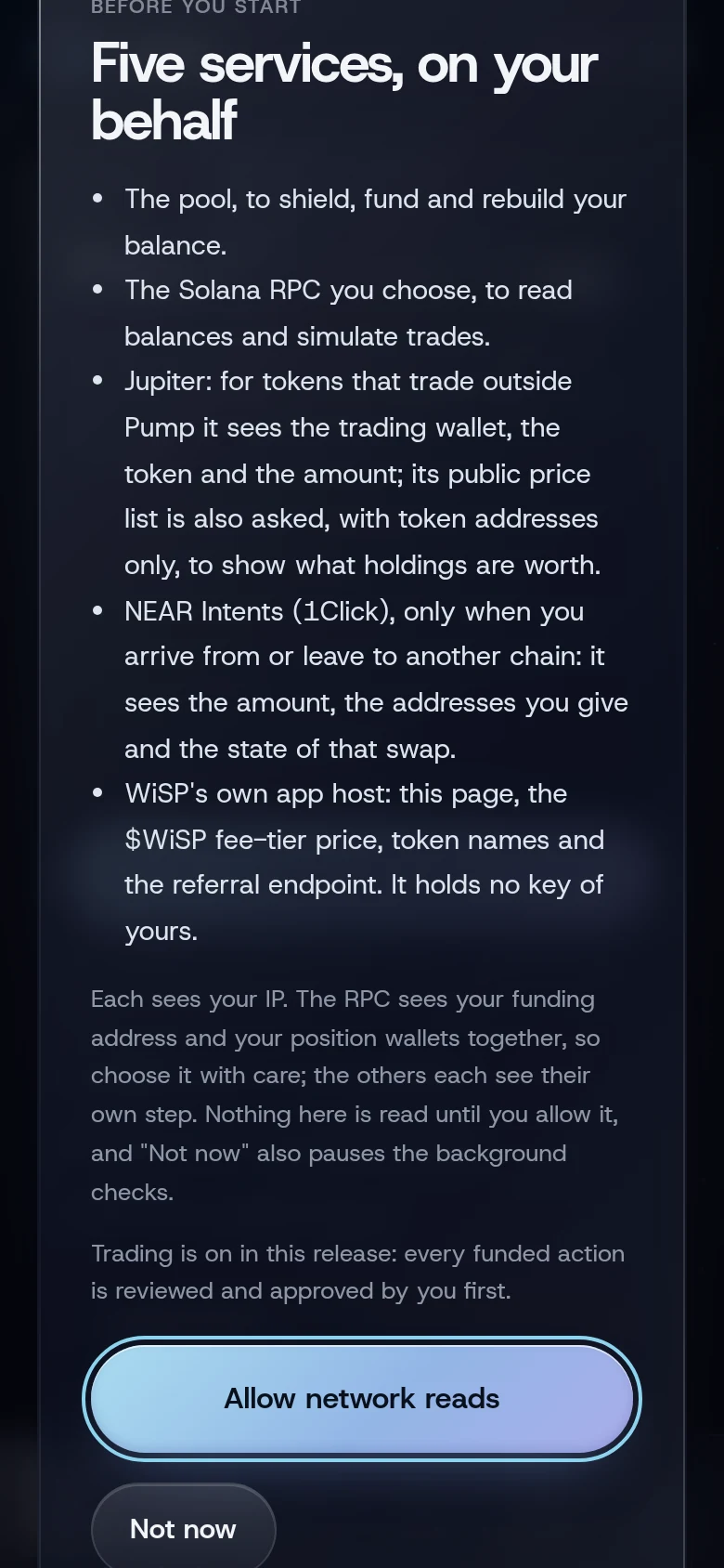 The access notice, listing five services and the Allow network reads button