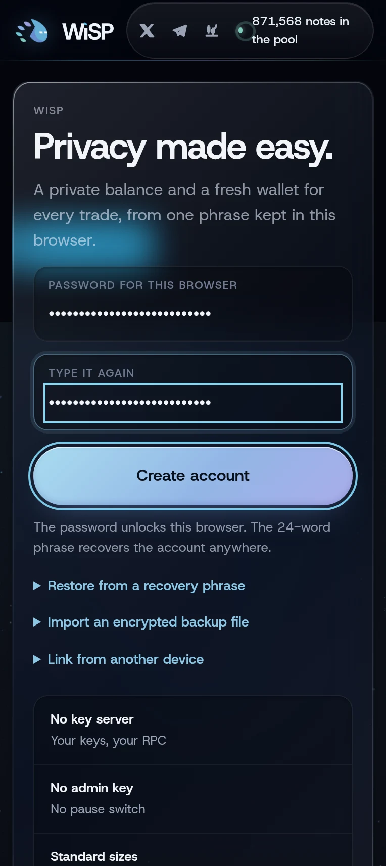The welcome screen with the two password fields and the Create account button
