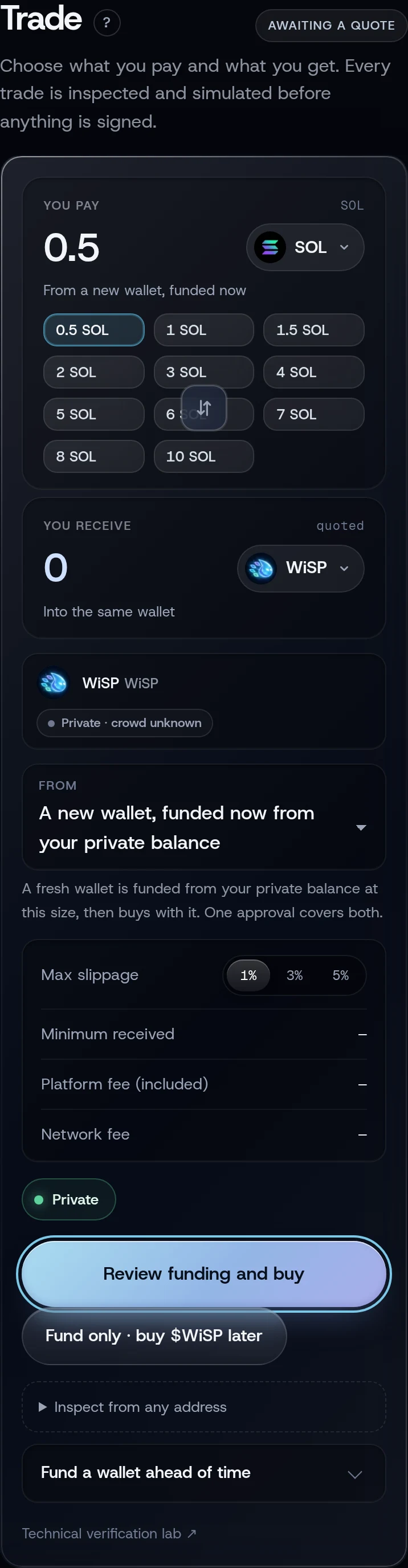 The Trade screen with a token chosen and a ready wallet to pay from