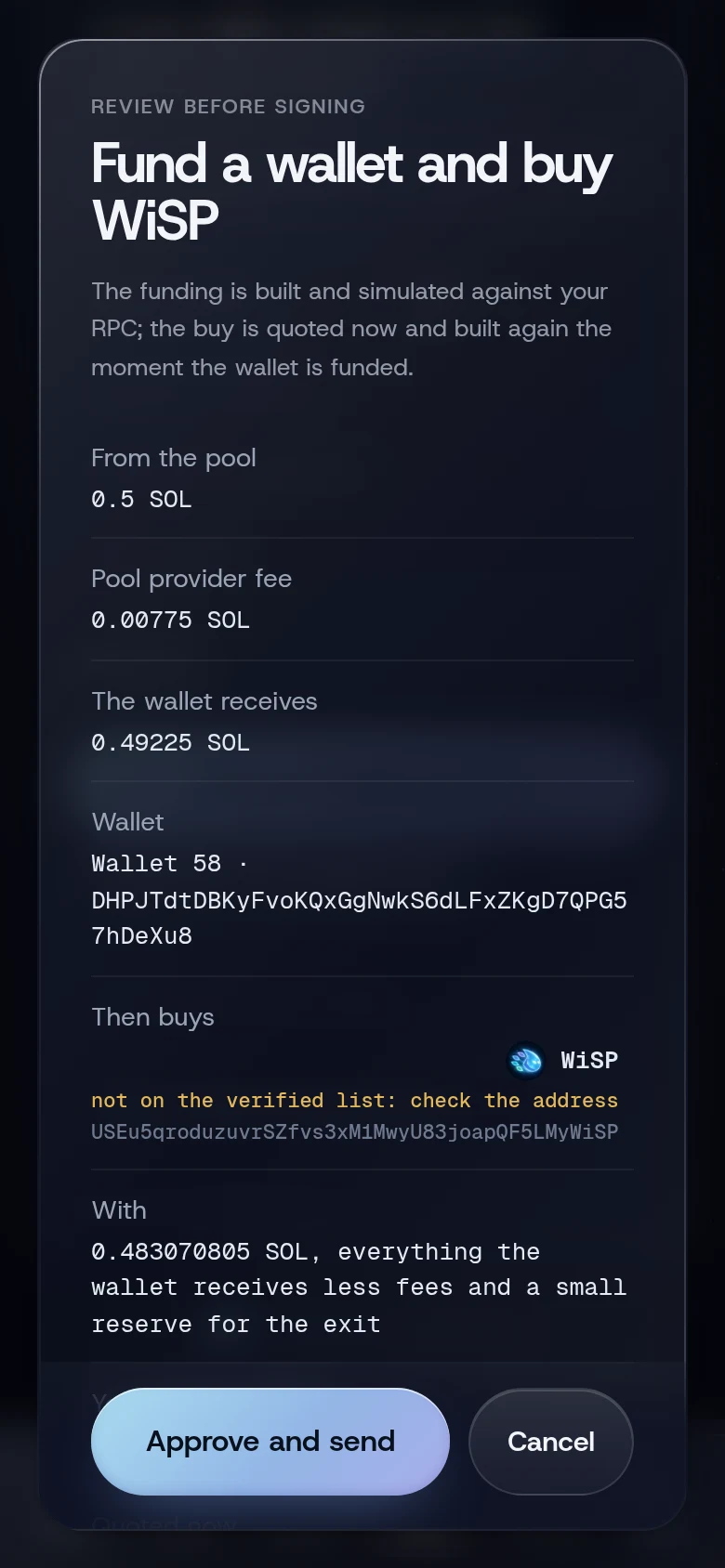 The review sheet for a new wallet's funding and buy