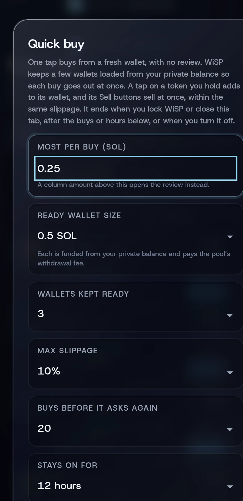 The Quick buy setup sheet