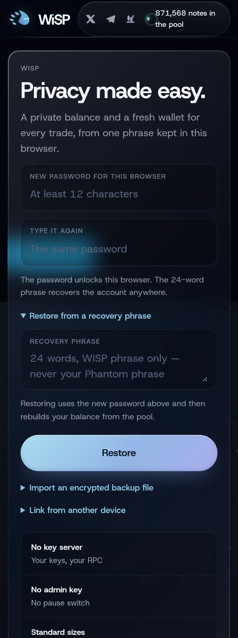 The welcome screen with Restore from a recovery phrase open