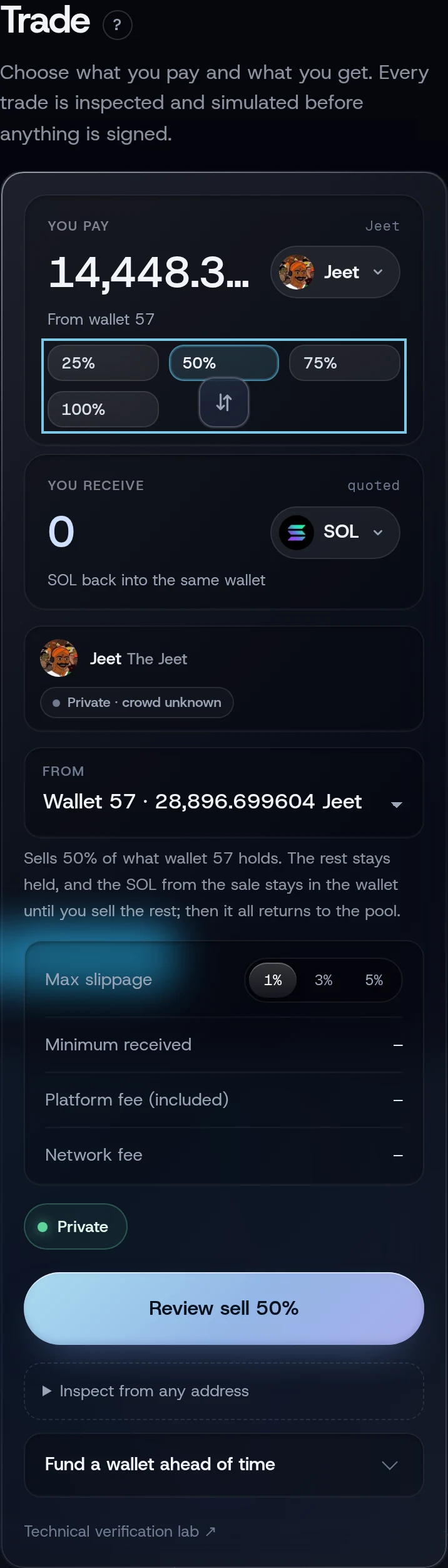 Trade on a sale with the 25%, 50%, 75% and 100% chips and Review sell 50%
