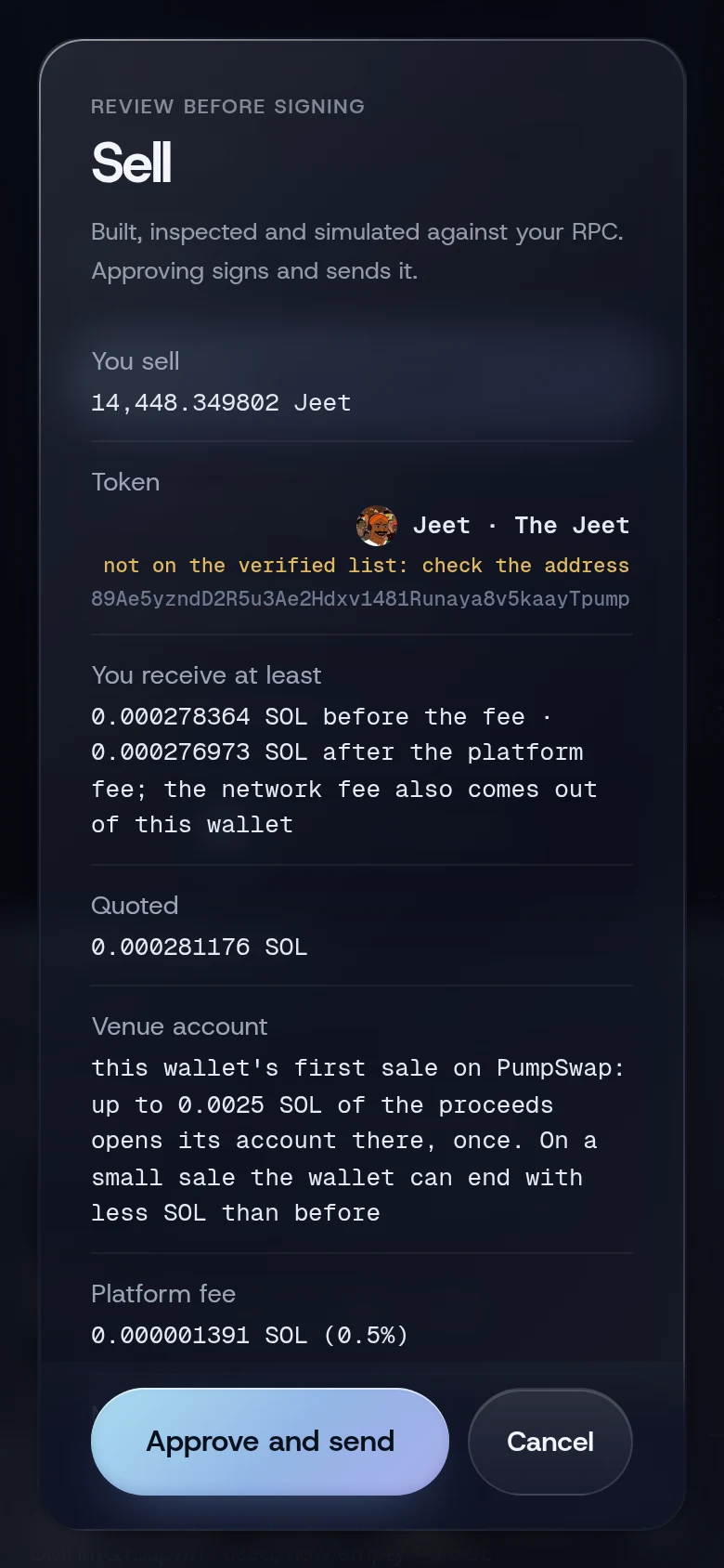 The Sell review for half of a holding, with the Venue account row