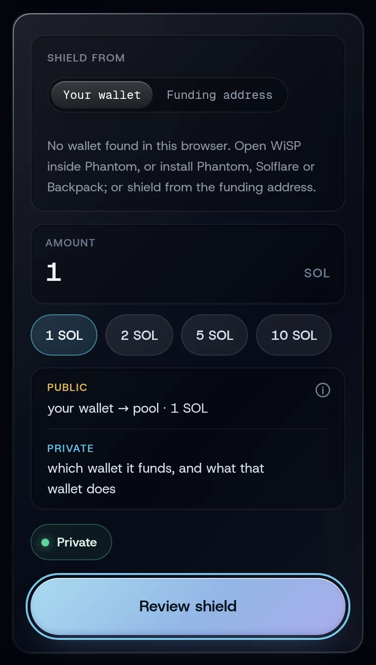 The Shield screen with the wallet list, the amount chips and Review shield