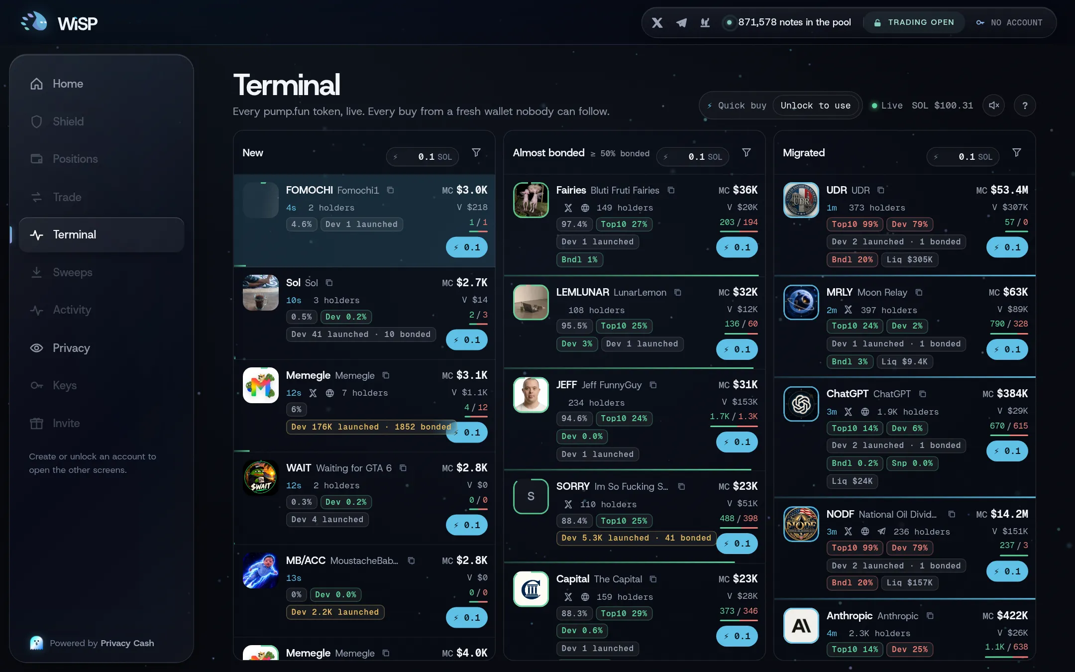 The terminal on a desktop: three columns of token cards