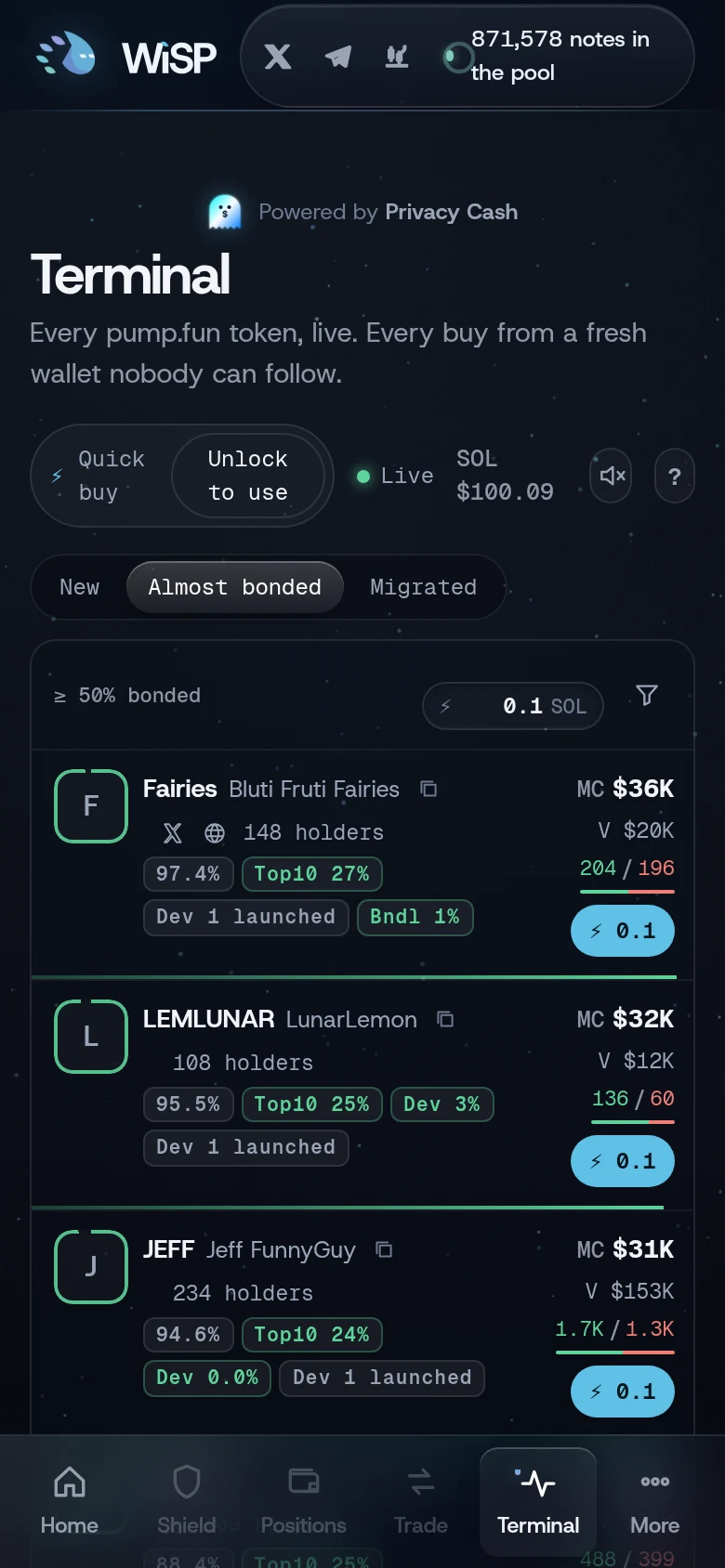 The terminal on a phone, showing the Almost bonded tab