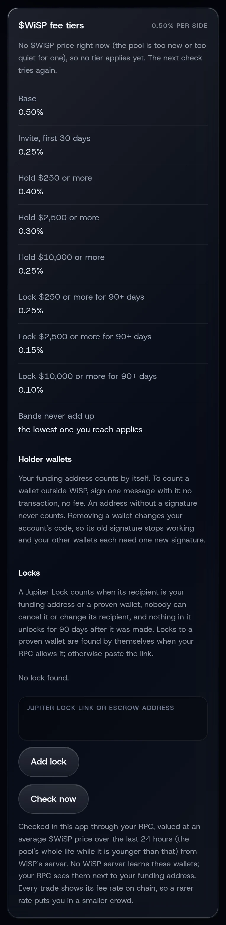 The $WiSP fee tiers card on the Invite screen