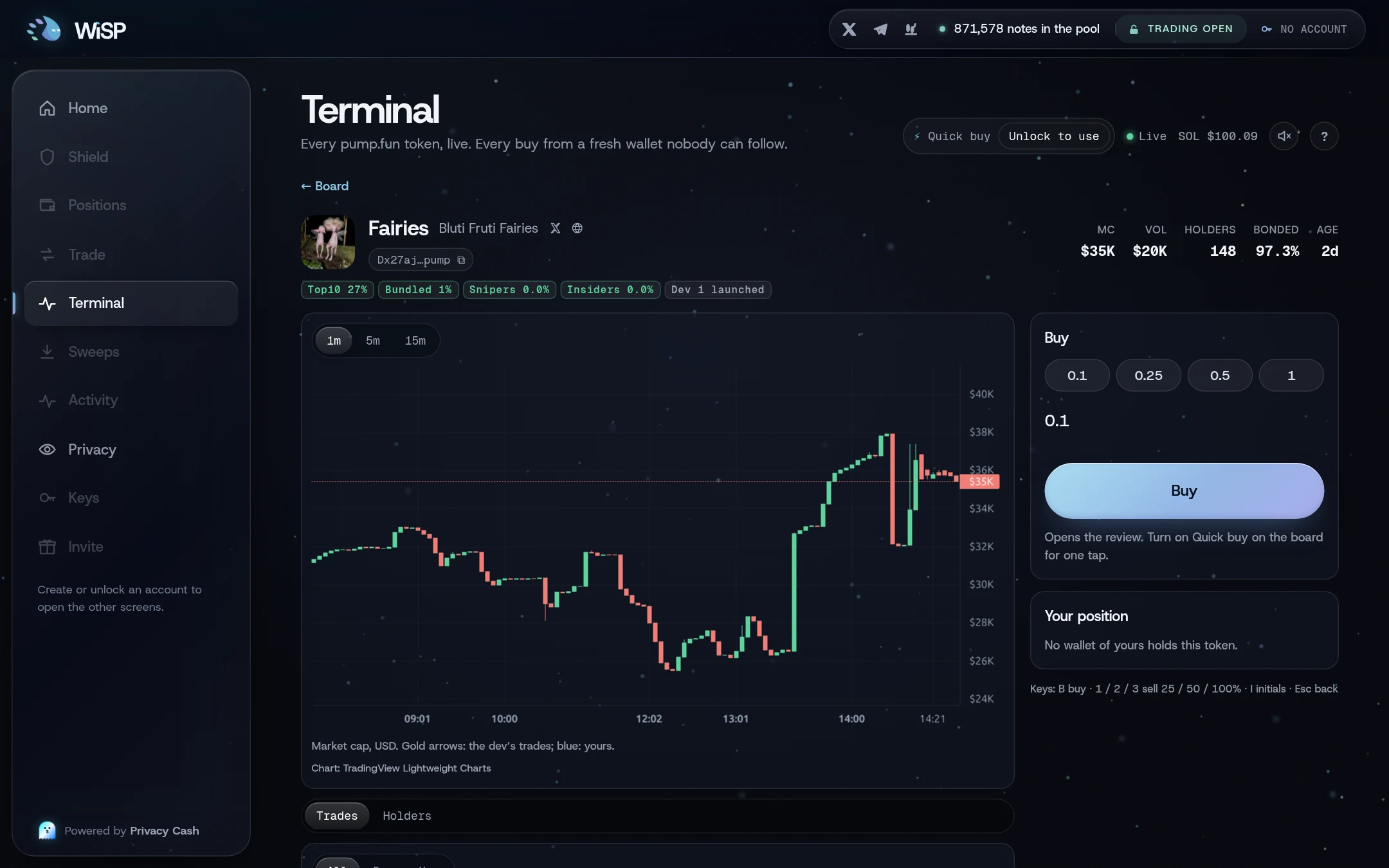 The token page on a desktop: chart, trades, holders and the buy box