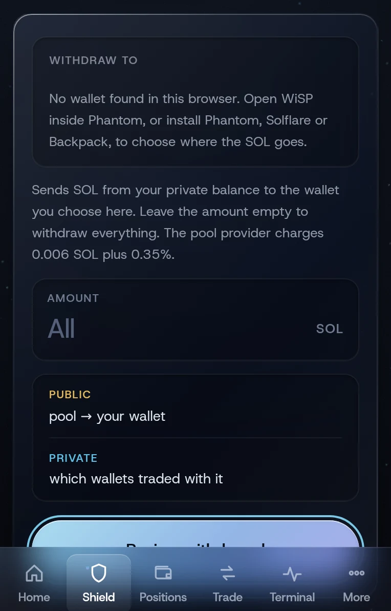 The Withdraw tab with a wallet to receive and the amount field