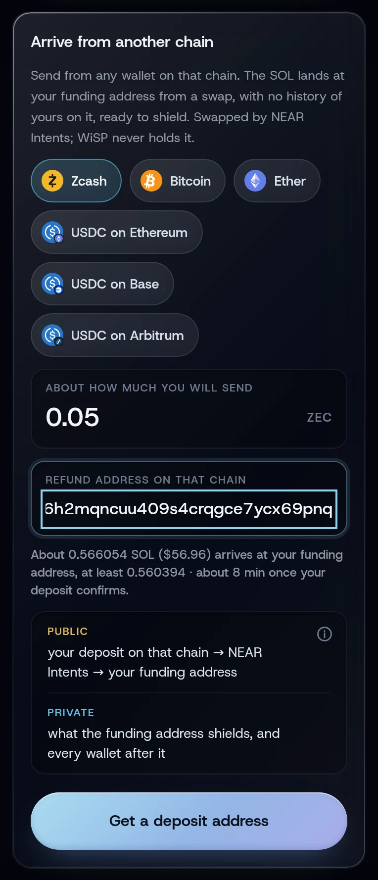 The Arrive from another chain card with Zcash chosen and a quote