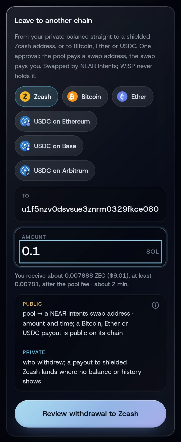 The Leave to another chain card with Zcash chosen and a quote